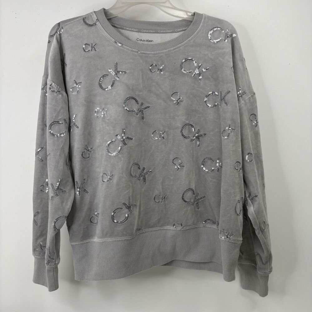 Calvin Klein Sweatshirt Womens Medium Gray Velour Sequin Logo